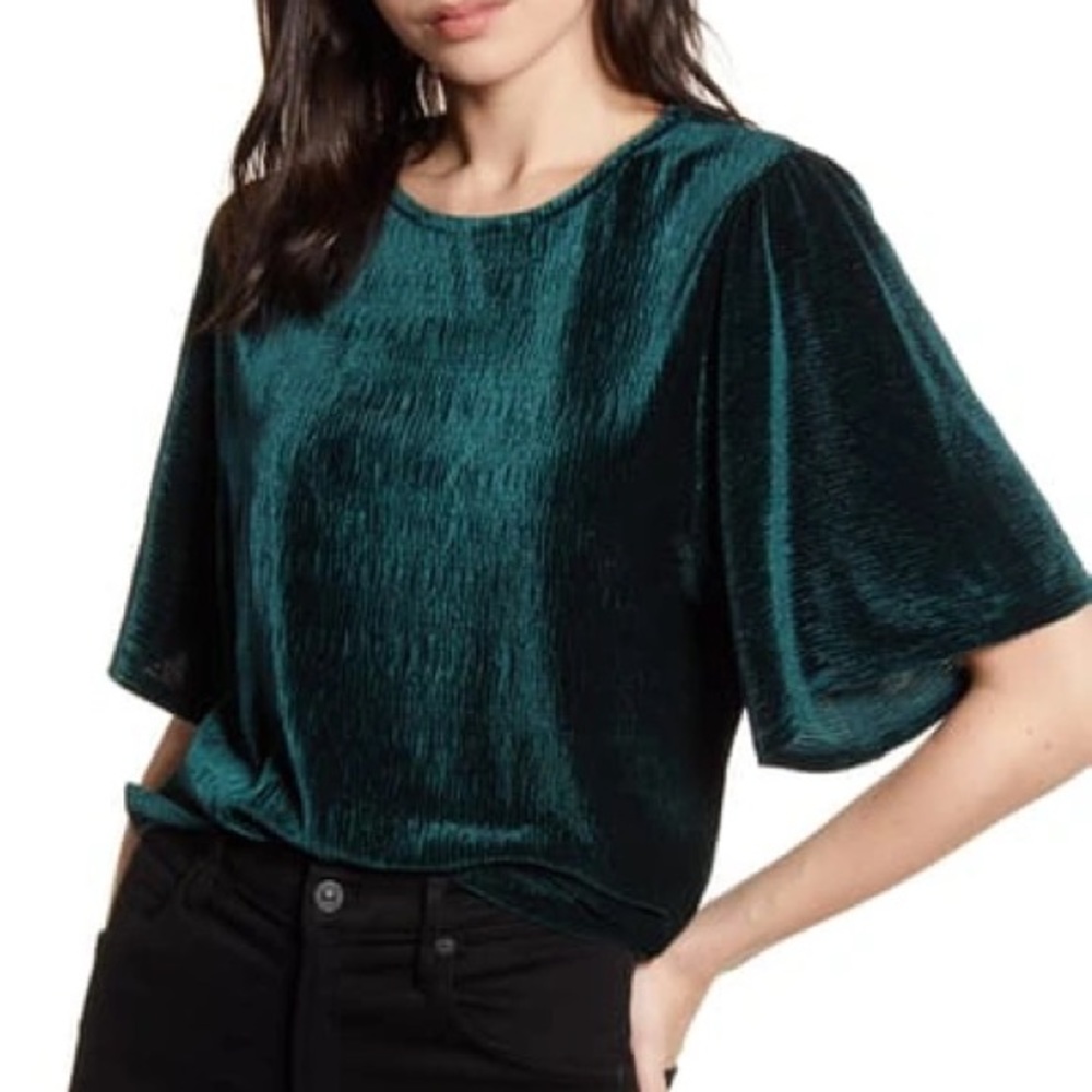 Madewell Crinkle Velvet Flutter Sleeve Top in Smoky Spruce Green Color Size XXS